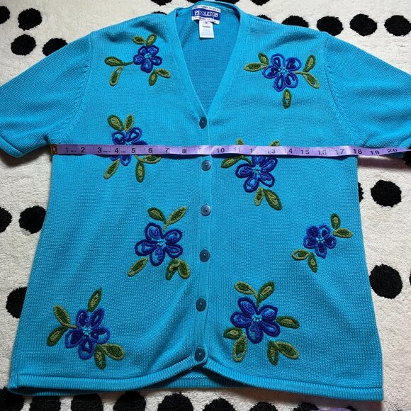 Pendleton Vintage Cardigan Sweater M Blue Floral Embroidered Short Sleeve V-Neck - Picture 10 of 11